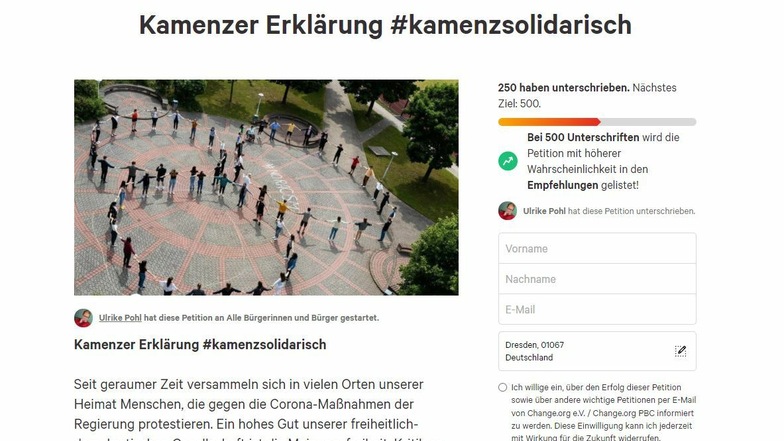 Seit Sonntag vergangener Woche ist eine Petition online, mit der sich Kamenzer gegen die Corona-Proteste richten.