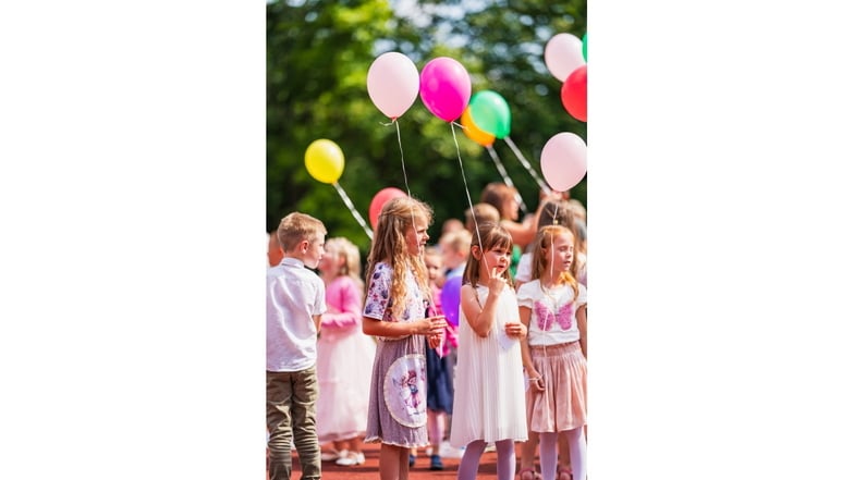 Wo wird der  Luftballon landen?, fragen sich die Schulanfänger.