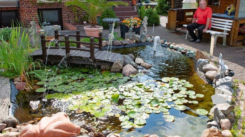 Wenn Peter Rastig an der Großenhainer Pollmerallee auf seiner Gartenbank sitzt und auf den Teich mit den kleinen Springbrunnen schaut, ist die Welt in Ordnung. „Nach der Gartenarbeit kann ich hier wunderbar abschalten“, so der Witwer.