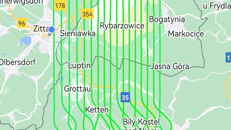 Dieser Screenshot zeigt, wie ein Flieger über Polen, Tschechien und auch Zittau seine Bahnen zog