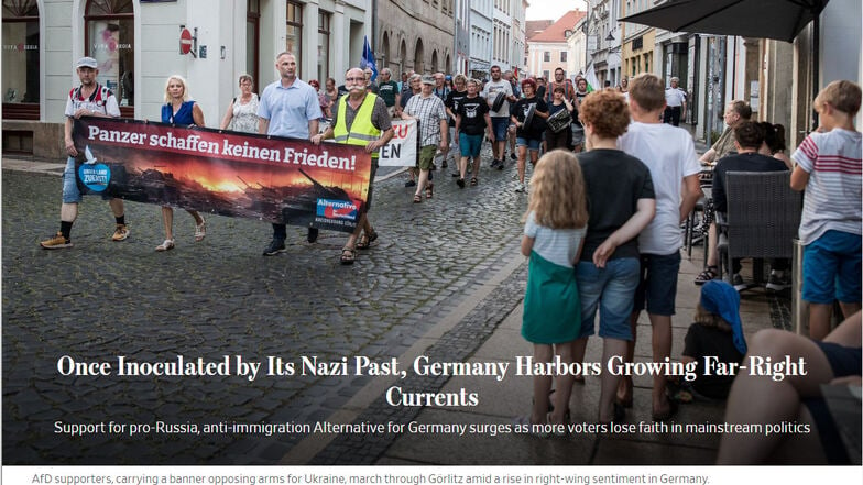 Mit diesem Foto von der Görlitzer Montagsdemonstration, die den AfD-Landtagsabgeordneten Sebastian Wippel (hinter dem Banner 2. v. re.) zeigt, machte das Wall Street Journal seinen Bericht über Görlitz auf.