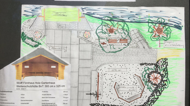 Dieser Plan an einer Scheune zeigt, wie der Platz an der Brücke mal aussehen soll: mit Wetterschutzhütte, Fahrradständer und neuer Bepflanzung.