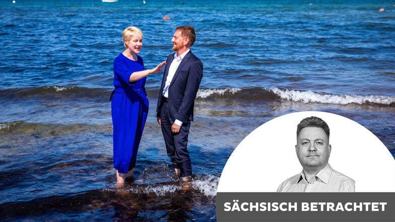 Politiker machen für  Stimmen alles: Beim Treffen mit seiner Meck-Pomm-Amtskollegin Schwesig ging   Sachsens CDU-Ministerpräsident Michael Kretschmer diese Woche sogar ins Ostsee-Wasser.