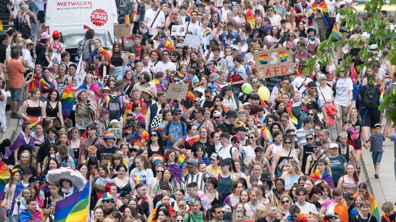 Unzählige Regenbogenfahnen schmückten am Samstag die Innenstadt Dresdens, als die Parade zum Christopher-Street-Day startete.