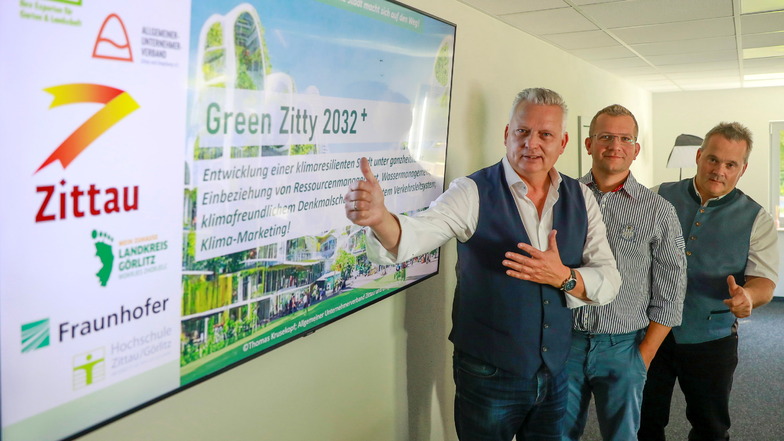 Hinter "Green Zitty 32+" steht der Allgemeine Unternehmerverband Zittau und Umgebung. Dazu gehören unter anderem Thomas Krusekopf, Sebastian Herzog und Jens Freiberg (von links). Sie wollen Zittau zur Musterstadt machen.