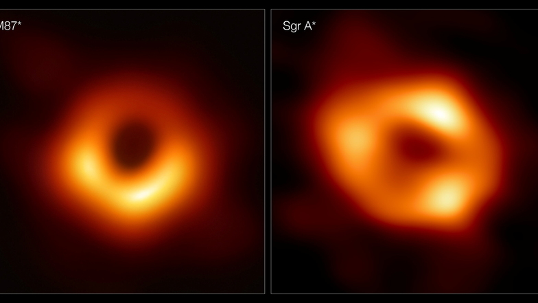 Die Kombo zeigt ein Bild des Schwarzen Lochs im Zentrum der riesigen Galaxie Messier 87 (l.) und das erste Bild von Sagittarius A*, dem Schwarzen Loch im Zentrum der Milchstraße