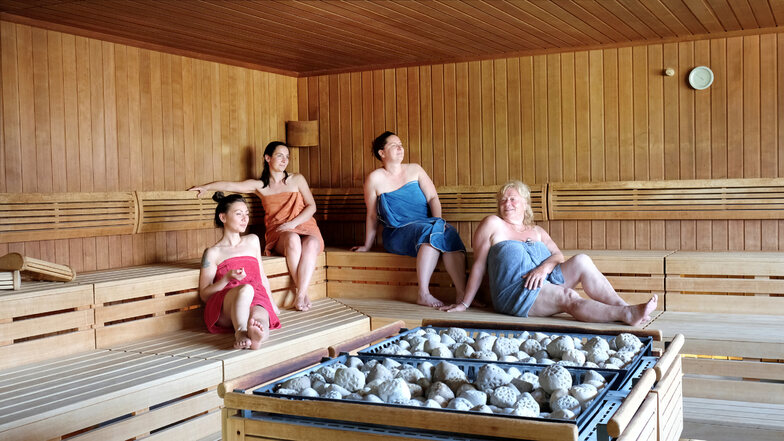 Saunalandschaft mit sechs Saunen: Finnische Sauna, Natursaunarium, finnische Blockhaussauna, Panoramasauna, Kräutersauna und römisches Dampfbad.