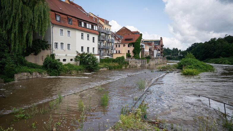 Die Halbinsel unterhalb der Vierradenmühle ist in Görlitz teilweise überflutet.