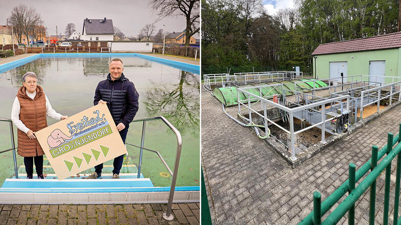 In Großnaundorf ist es gelungen, dass ein Verein das Freibad weiter betreibt (l.).  Jens Klotsche (r.) und Barbara Hockmann gehören zum Vorstand. Noch nicht gelungen ist die die Sanierung der Kläranlage. Das steht auf der Agenda für die nächsten Jahre.