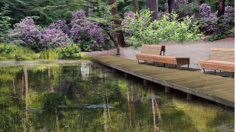 Ein Holzsteg mit Sitzbänken soll zum Verweilen an Schwarzes Teich einladen. Visualisierung