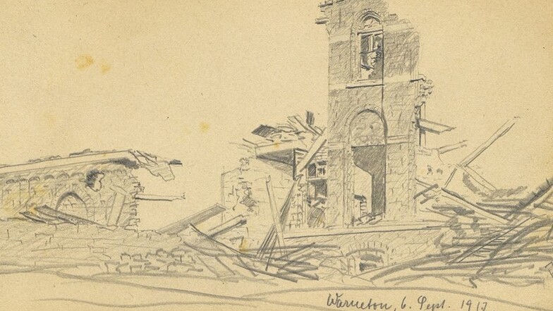 Die Zeichnung „Partie am Kloster“ Warneton, 6. September 1917, von Gustav Wolf (1896-1942) zeigt einen Kriegsschauplatz.