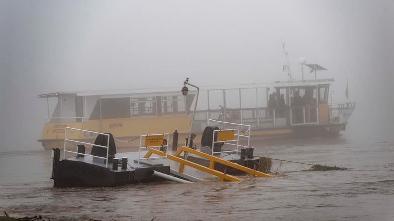 Nebulöser Morgen: Die Elbflorenz setzt zwischen Kleinzschachwitz und Pillnitz über, kann aber ihren üblichen Anleger nicht nutzen. Der ist im Hochwasser versunken.