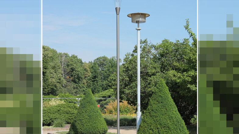 Die alten Lampen aus DDR-Zeiten (re.) werden abgebaut und durch schlankere Lampen ersetzt.