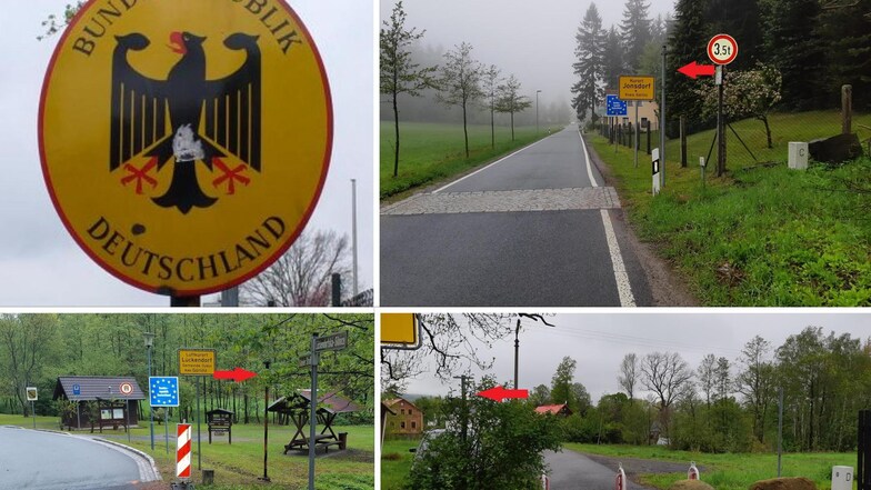Die Hohzeitszeichen der Bundesrepublik Deutschland fehlten seit Kurzem an mehreren Grenzübergängen, unter anderem Jonsdorf (rechts oben), Lückendorf (links unten) und Herrenwalde (rechts unten).