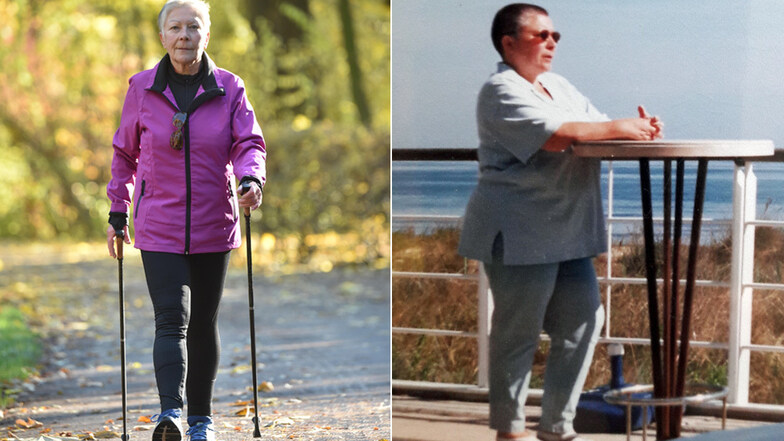Margitta Zellmer aus Chemnitz walkt täglich acht bis zehn Kilometer. Kaum zu glauben, dass sie vor ein paar Jahren noch so wie auf dem rechten Foto aussah.