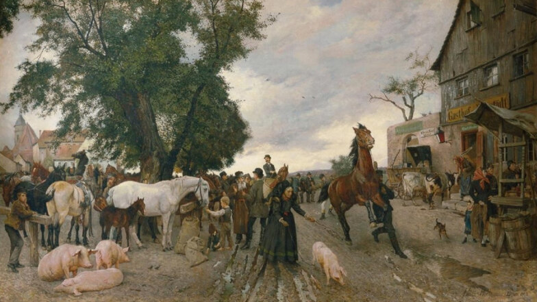 Aufregendes Treiben auf dem „Pferdemarkt“, gemalt 1882 in Dresden. Das Ölbild befindet sich in einer Privatsammlung.