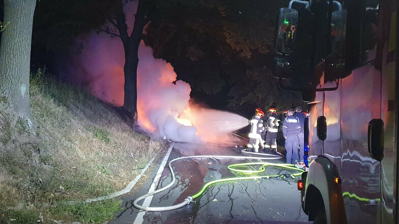 Zuvor war das Auto verunfallt. Es ist, aus bisher unbekannter Ursache, in einer Linkskurve von der Fahrbahn abgekommen, hat sich überschlagen und ist gegen einen Baum geprallt. Dann fing das Auto Feuer. 