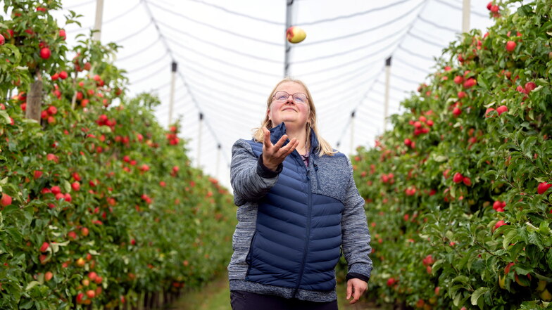 Leidenschaftliche Apfelbotschaftlerin: Nadine Menzel steht in der Apfelplantage auf dem elterlichen Hof in Stolpen. Verkauft werden die Früchte unter anderem in ihrem Hofladen in Rammenau.