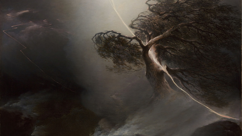 Gewitterstimmung über Russland. Im 19. Jahrhundert war das Wetter auch nicht besser. 1842 malte Maxim Worobjow mit Ölfarben diese Weltuntergangs-Szenerie und nannte sie schlicht „Vom Blitz gespaltene Eiche (Unwetter)“.