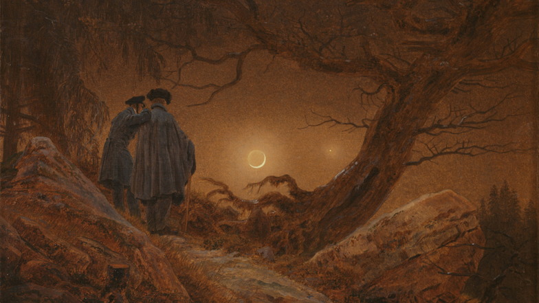Caspar David Friedrich malte 18197 "Zwei Männer in Betrachtung des Mondes". Das kleinformatige Gemälde aus dem Dresdner Albertinum geht auf die Reise nach Moskau.