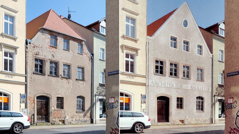 Vorher (links) und nachher: So könnte sich das Gebäude in der Böhmischen Straße 19 - eines der baufälligsten Häuser der Zittauer Innenstadt - verwandeln: Helle Fassade, komplettes Dach. Der Schriftzug "Architektur - Baukultur" ist ein Hinweis auf die künf