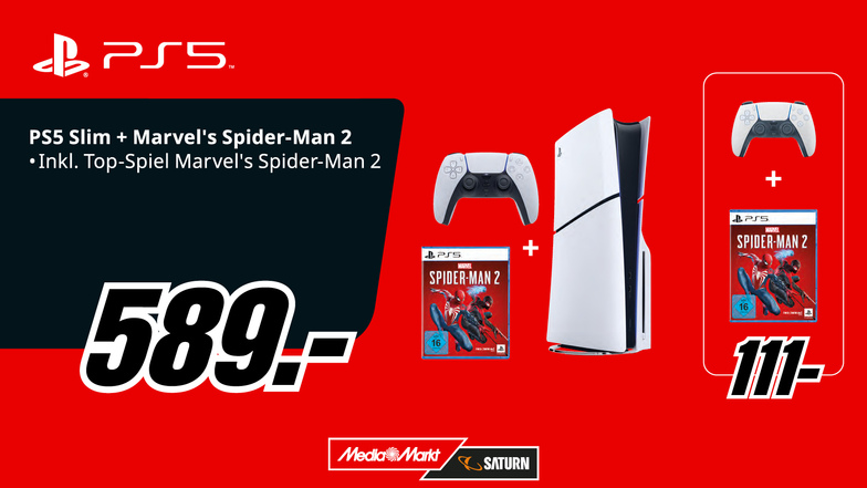 Die PS5™ Konsole bietet revolutionäres Gaming mit blitzschnellem Laden, haptischem Feedback, 3D-Audio und einzigartigen Spielen. Ein neues, schlankes Design verspricht unerwartete Möglichkeiten für ein noch tieferes Spielerlebnis. Im Set erhältlich ist das brandneue PS5 Spider-Man 2 (USK 16) mit neuen Features, Kraven und Venom für dunkle Abenteuer im Spiderverse.