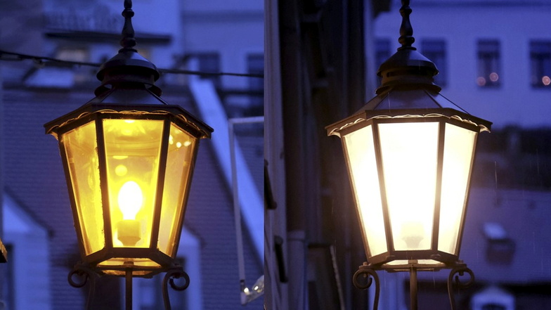 Letzte Woche fand auf der Burgstraße ein erster Lichttest statt. Links ist die bisherige Natriumdampf-Hochdruckleuchte abgebildet, rechts eine moderne LED-Leuchte.