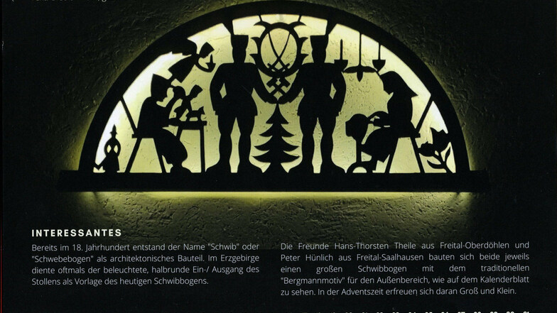 Es zeigt den selbstgebauten Schwibbogen von den Freitalern Hans-Thorsten Theile und und Peter Hünlich mit dem traditionellen Bergmannmotiv..