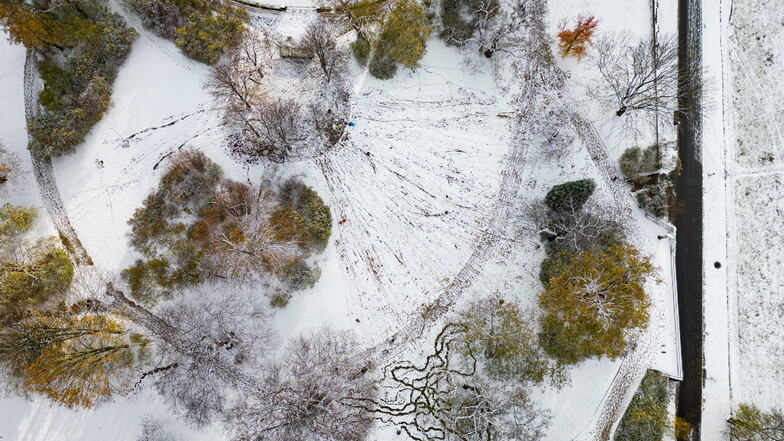 Auch in Dresden wurde es am Wochenende winterlich: Mit Schnee sind die Wiesen im Park des Japanischen Palais bedeckt.