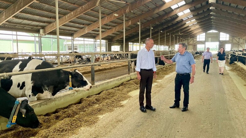 Landrat Ralf Hänsel, Manfred Engelmann und Ricarda Vogt sowie Oberbürgermeister Mißbach (v.l.) in der Agrargenossenschaft Skäßchen eG.