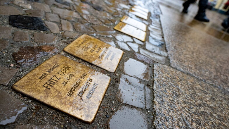 "Es ist gut, dass in Deutschland die Erinnerung an die vertriebenen und ermordeten Juden wachgehalten wird": Stolpersteine mit Messingplatten und Namen ermordeter und enteigneter Juden.