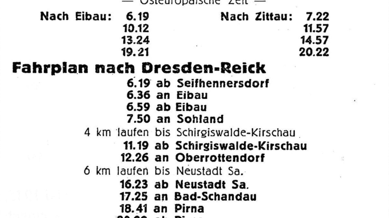 Mit dem Zug ging es im Juli 1945 von Seifhennersdorf über Sohland, Neustadt, Bad Schandau und Pirna mit Fußmarsch-Unterbrechungen nach Dresden. Die Seifhennersdorfer Eisenbahnfreunde bewahrten dieses Zeitdokument.