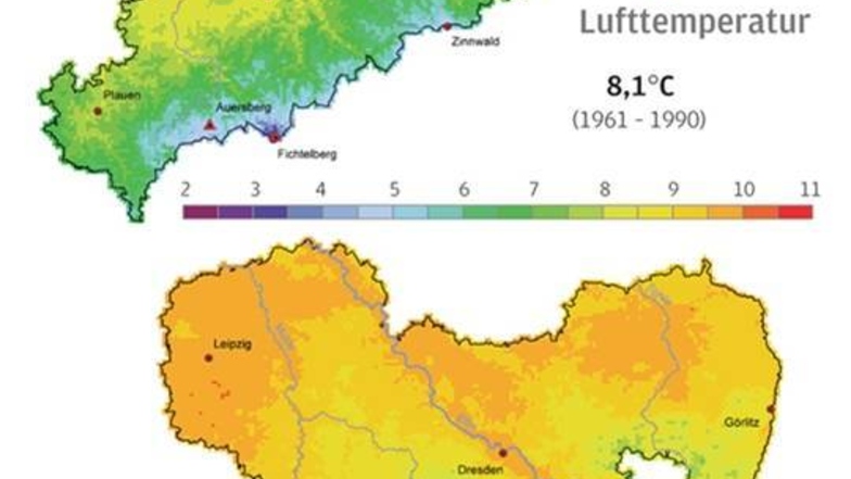 Es wird wärmer Um 0,6 Grad ist in Sachsen die durchschnittliche Landestemperatur in den vergangenen 50 Jahren angestiegen. Allerdings an manchen Stellen auch deutlich stärker, wie zum Beispiel in Nordsachsen, der Lausitz, im Elbtal und der Region Leipzig. Das heißt, die so schon wärmsten Orte haben noch einmal das meiste draufbekommen. In dieser wie all den anderen Grafiken werden in der Klimaforschung immer Durchschnittswerte von 30 Jahren miteinander verglichen, um Aussagen belastbar zu machen.