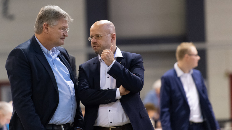 Jörg Meuthen (l.), AfD-Vorsitzender und Spitzenkandidat für die Europawahl 2019, und Andreas Kalbitz, Landesvorsitzender der AfD Brandenburg, bekamen in der Arena wenig von den Gegenprotesten mit.