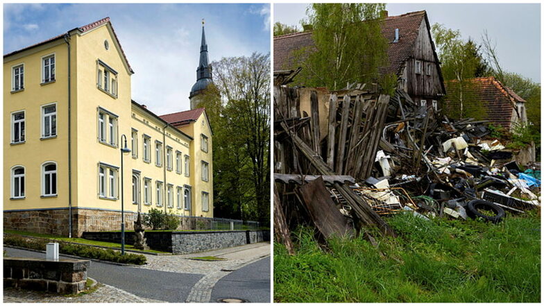 Pluspunkt: Gleich zwei Schulen, wie hier die Wehrsdorfer Grundschule (l.), wurden in Sohland saniert. Knackpunkt: Das ehemalige Gasthaus "Stadt Frankfurt" würde die Gemeinde gerne kaufen und abreißen, der Denkmalschutz sperrt sich dagegen.