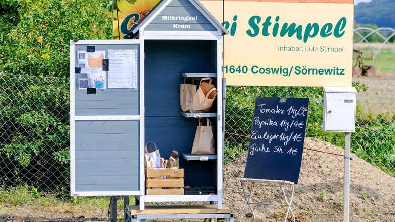 Das "Schranklädchen" in Coswig steht seit Ende Juli. Es ist eine geschickte Werbung für Steffi Stimpels Handarbeit und die Gärtnerei ihres Mannes.