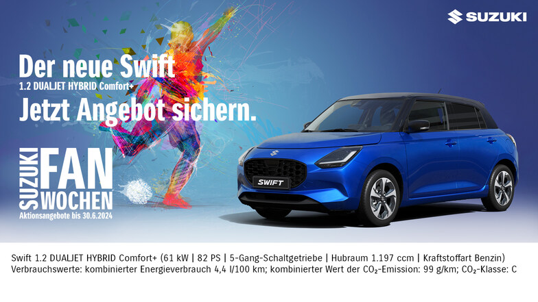 Stürmt direkt ins Herz der Fans: Schon ab 199 € pro Monat kannst du den neuen Suzuki Swift leasen!
