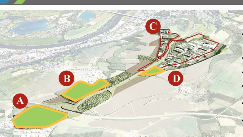 Nur für die auf Pirnaer Flur liegenden Flächen C und D des Industrieparks Oberelbe soll zunächst weitergeplant werden. B sind die Heidenauer Flächen, A die Dohnaer.