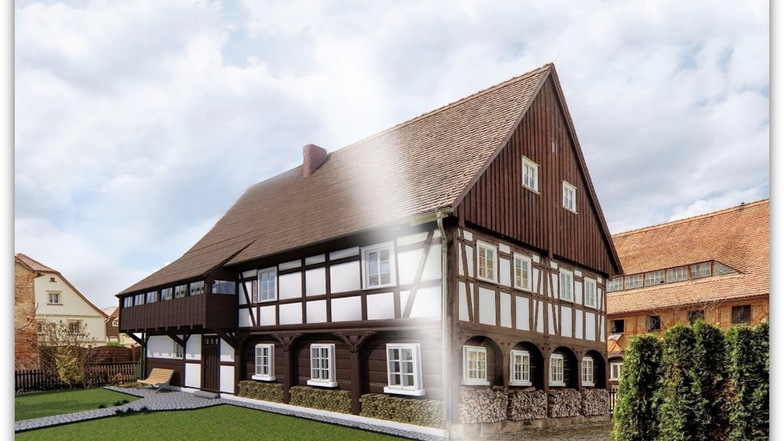 Das Großschönauer Lieske-Häbler-Haus im Vergleich: links vom Lichtstrahl das virtuelle Modell, rechts die Fotografie.