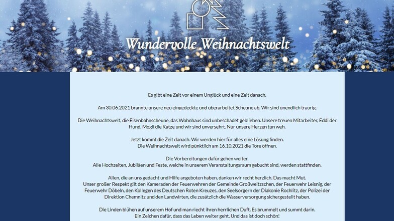 Auf der Internetseite der "Wundervollen Weihnachtswelt" äußern sich die Betreiber Susann und Hans-Georg Munz erstmals nach dem Brand am Dienstag zu den Ereignissen.