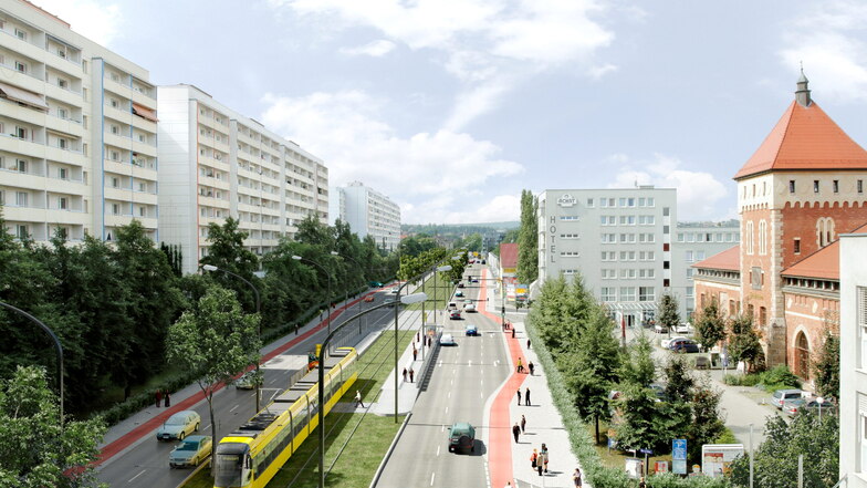 So könnte die "Budapester" künftig mit der Straßenbahn nach Plauen aussehen. Doch der Stadt geht es um mehr, als nur um die Straße.