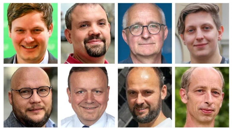 V. l. o. n. r. u.: Conrad Clemens (CDU), Ferdinand Lorenz (Die Linke), Thomas Pilz (Grüne), Andreas Wünsche (SPD), Toralf Einsle (FDP), Roland Schedler (Freie Wähler) Stefan Heinke (dieBasis), Carsten Berg (BSW).