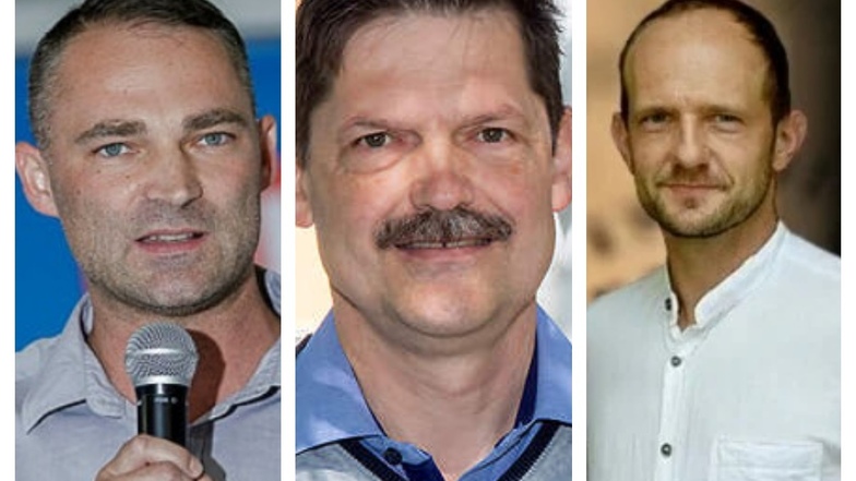 Von links: Sebastian Wippel (AfD), Sylvio Arndt und Stephan Meyer (CDU) sind bei der Stichwahl um das Landratskandidat der CDU im Kreis Görlitz noch im Rennen.