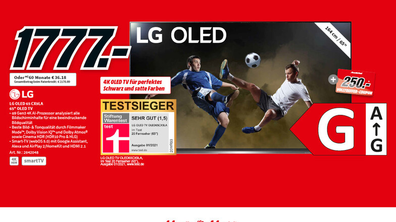 Der LG OLED 65 CX 9 LA jetzt für 1.777€ + 250€ Volltreffer-Coupon