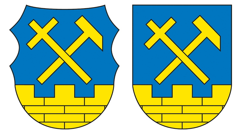Das offizielle Wappen der Stadt Niesky in originalgetreuer Ausführung (links) und in vereinfachter Form.
