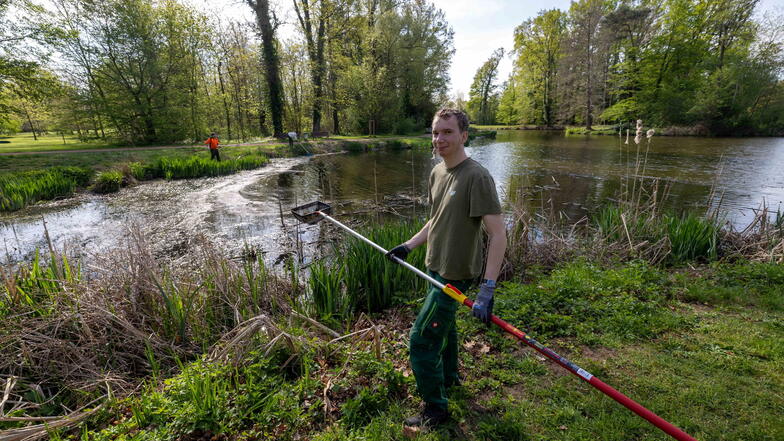 Fischen im Trüben: Frank Winkler vom Bauhof holt aus einem Teich Müll heraus.