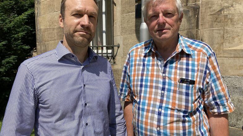 Investor Tino Schumacher (l.) und Günter Nentwig, Vorsitzender der Privilegierten Schützengesellschaft Löbau, vor dem Landgericht Bautzen.