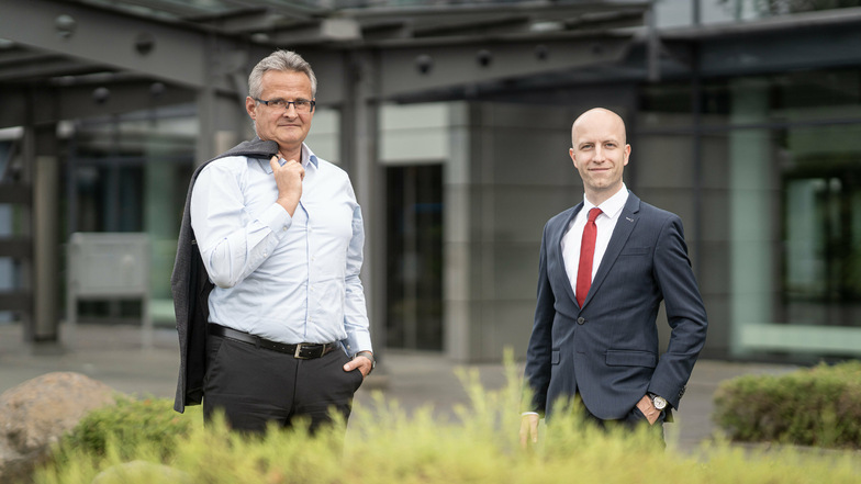 Präsentieren sich als Macher-Duo: Betriebsrat Frank Sonntag (links) und der neue Geschäftsführer Dennis Schulz vom Linde-Standort in Dresden.