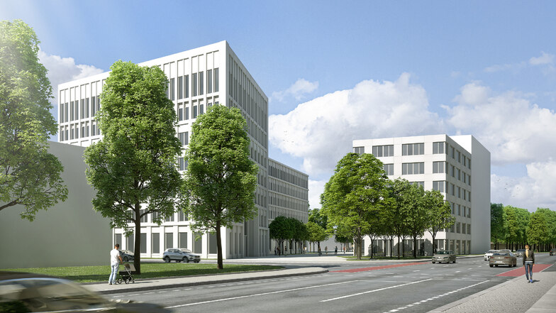 Das Architektenbüro Hartmann+Helm aus Weimar hat einen ersten Entwurf für den Komplex auf dem Packhof-Areal in Dresden erstellt. Umstritten ist die Höhe des Eckgebäudes an der Devrientstraße.