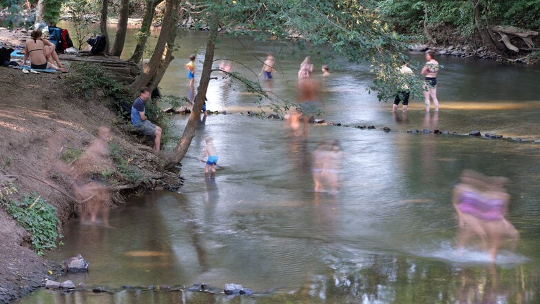 Leipziger halten sich am Ufer des Flusses "Weisse Elster" im Stadtteil Schleußig auf und gehen teilweise sogar baden. In dem früher trüben Wasser hat sich eine Fluss-Badekultur entwickelt.